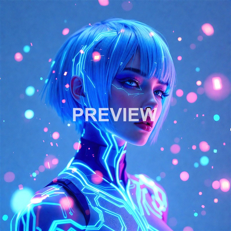 A futuristic digital artwork of a woman with short blue hair, glowing neon circuitry patterns on her face and body, surrounded by floating pink and blue light particles.